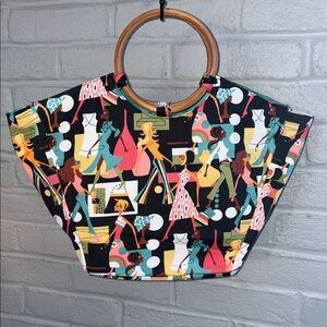 Neiman Marcus Black Multicolor Graphic Tote with Wood Ring Handles